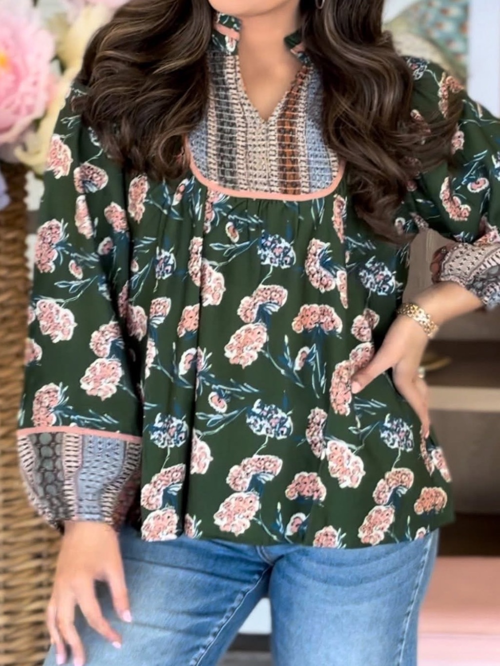 Umgee Olive Green Floral Printed Peasant Blouse with Pink Accents